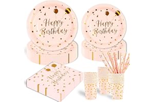 HFBOBP 125 Stück Roségold Partygeschirr Party Set ,Happy Birthday Deko Partyzubehör Pappteller für Geburtstagsdeko Junge Mädchen Partys 25 Gäste