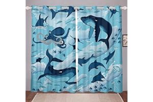 LOUSSIESD Whale Dolphin Window Curtains for Bedroom Kids Boys Girls Marine Ocean Theme Curtain Sea Animal Print Blackout Curtains Underwater World Darkening Thermal Drapes 2 Panel Set W46*L54