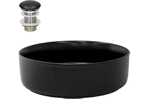 ML DESIGN MODERN LIVING ML-Design Lavabo de Cerámica Negro Mate Redondo Ø 360 x 120 mm Con Juego De Drenaje Sin Rebosadero Lavamanos Moderno De Encimera Sobremesa Pila Para Baño Aseo Fregadero Colgante