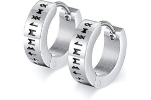 FLHEART Nordischer Wikinger Hoop Ohrring Herren - Amulett Schutz Schmuck Geschenke Edelstahl Herren Ohrstecker mit Nordic Elder Futhark Runen,Schwarz/Silber,1 Paar