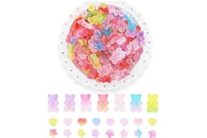 PTWOLA 120pcs Kawaii Slime Charms 3D Cute Mini Flatback Nail Gummy Bear Beads Bulk Resin Jewelry Making Candy Embellishments Supplies Multi-Sized Jelly Sugar Heart Star Charms for DIY Cell Phone Scrapbook