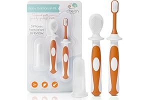 CHERISH BABY CARE Set di Spazzolini per Bambini (3-24 mesi) - BPA Free - Spazzolino Bambini da Dito, Training Brush & Primo Spazzolino - Ideato in Canada - Il Suo Primo Kit di Spazzolino Neonato (Arancione)