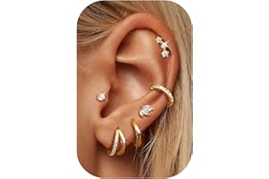 Dochais 6 Pares Pendientes Oro para Mujer, 14K Chapado Oro HipoalergénicosSet de Pendientes Clip Huggie Hoop en Acero Quirúrgico 316L para Múltiples Piercings