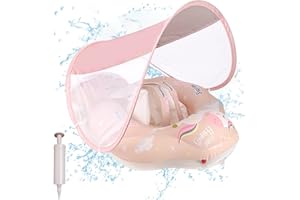 BINGGUNYO Salvagente Neonato con Parasole, Salvagente Bambini con Mutandina Cintura di Sicurezza e Seggiolino da Nuoto, Salvagente Gonfiabile per Piscina, per Bambini da 6 a 36 Mesi, con Pompa a Mano (pony)