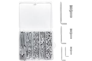 AIUNBEST Set de Alcayatas Pared 210 Piezas con 4 Tamaños, Ganchos a Tornillo en L de Acero Zincado Ganchos Pared con 3 Tamaños de Expansores para Hogar Taller y Jardín