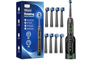 YTEATH PRO Cepillo de Dientes Eléctrico de Rotación para Adultos - Cepillo Eléctrico 3 Intensidades, 5 Modos, 8 Cabezales, IPX7 Impermeable, Cepillo Dientes Electrico Viaje Recargable, Negro