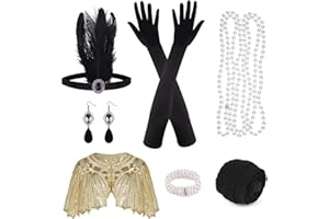 ELECLAND 10 Pièces Années 1920 Flapper Great Gatsby Accessoires Set Mode Roaring 20's Theme Set avec Bandeau Bandeau Long Gants Noirs Collier Boucles d'Oreilles pour Femme