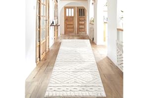 ‎PAYÉ Teppich Läufer fürs Flur - 80x300cm - Hochflor - Boho - Pastell Creme - Einfarbig - Modern Raute Ornamente - Skandinavisch Flauschig Weich - Schlafzimmer