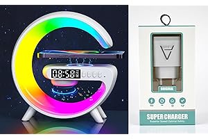 ALUMAR Lámpara de Mesa LED RGB Inteligente Forma de G , Altavoz Bluetooth , Reloj Despertador, Cargador Inalámbrico 10W, Lámpara de Luz Nocturna Regulable, Adultos & Niños Dormir, lamparas inalambricas.