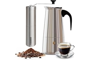 galvxn. Cafetera Italiana inducción - Cafetera Italiana acero inoxidable - PACK con molinillo manual para café - cafetera italiana - 9 tazas(450 ml) - Compatible con gas, vitrocerámica e inducción.