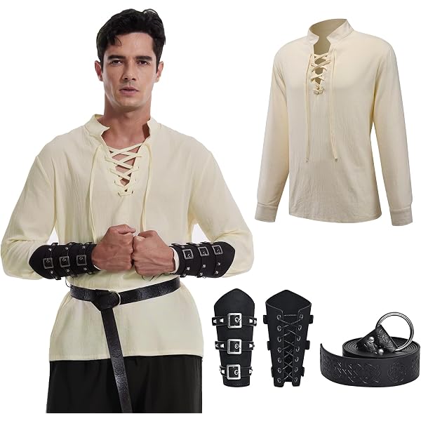Costume Médieval Homme Renaissance - Ensemble Chemise Pirate Et Pantalon à Lanières Avec Accessoires