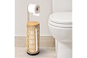 ‎RAYOFLY Rayofly Freistehender Toilettenpapierhalter Aufbewahrung mit Regal, Badezimmer Toilettenpapierhalter Stehend, Boho Rattan Klopapier Aufbewahrung, Schwarz Toilettenpapierständer für 4 Rollen Klopapier