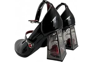 FQLGJMY Plateforme en Cuir breveté pour Femmes Mary Janes Robe Pompes Gothique Chaussures à Talons Gros Bas Douce Lolita fermée Orteil Cheville Bracelet réglable