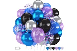 Froova Black Blue and Purple Balloons, 12 Inch Metallic Blue Purple Black and Silver Confetti Balloons for Outer Space Astronaut Birthday Video Game Party Decorations