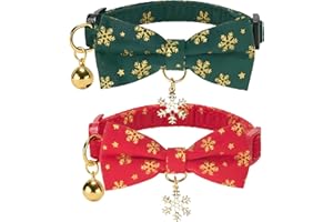 YUDOTE Christmas Cat Collar with Matching Bowtie,Charm and Bell,Festive Xmas Present for Cats,Green,Red Pack of 2