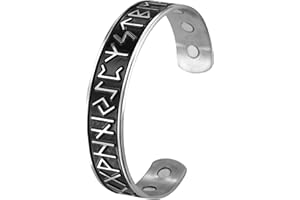 TEAMER Pulsera de terapia magnética para el cuidado de la salud, 24 runas, brazalete vikingo, acero inoxidable, plata envejecida, negro, alivio del dolor, mejor regalo para hombres