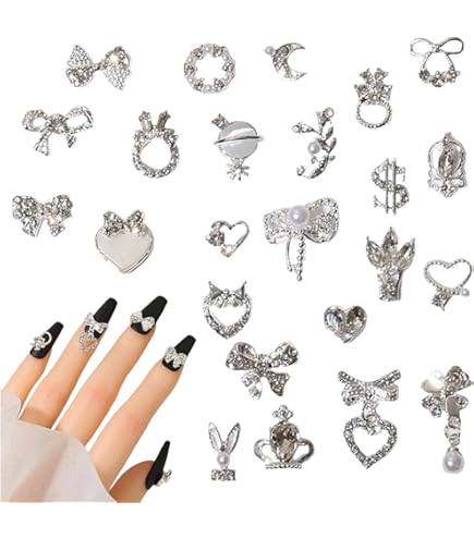 Nagel-Charms Set – 50 Stück 3D Perlen, Strasssteine & Metall-Anhänger Für DIY Maniküre & Nailart (Silber)