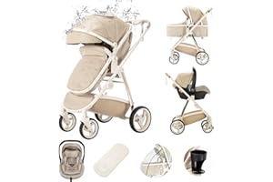 Kakbgee Cuoi Passeggino Combinato 3 in 1, Passeggini Cittadini Con Seggiolino Auto ECE R129, Passeggino Portatile Pieghevole In Un Clicco, Navicella Flessibile Convertibile Telaio In Alluminio Per