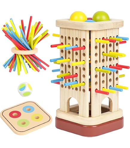Juego De Torre De Madera Con Palitos De Colores – Set Montessori De Habilidad Para Niños De 3 A 6 Años, Incluye Dados Y Bolas