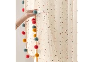 WJLQLM Durchsichtiger Boho-Vorhang mit bunten Bommeln, Voile, lichtfilternd, Kunstleinen, gestreift, Pompon, Stange, Tasche, Fenstervorhänge für Jungen/Mädchen, Schlafzimmer/Kinderzimmer, 2 Paneele (B 107 x