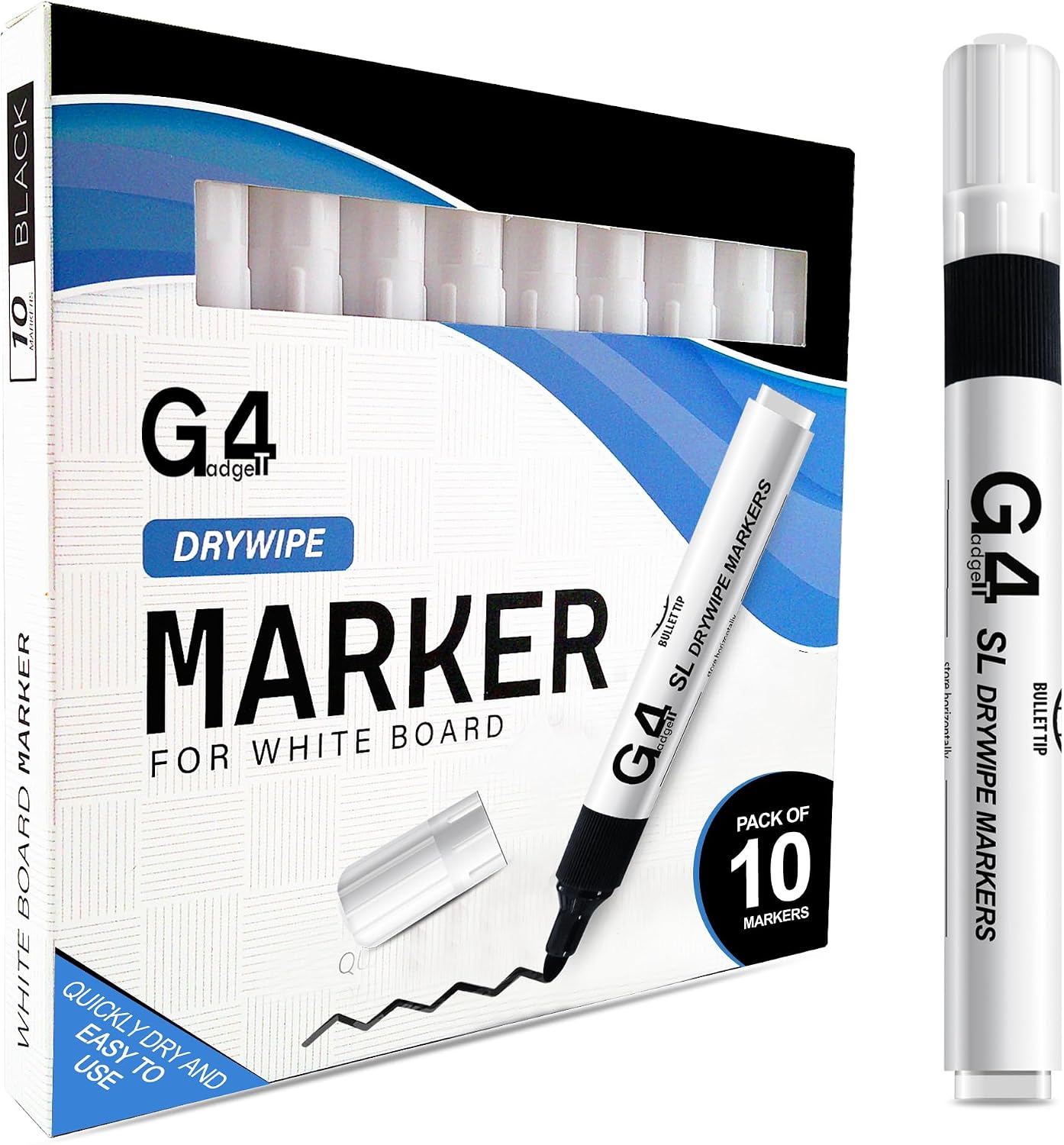 G4GADGET Nice Style Pack of 10 Non-Toxic Ink Black Colour Whiteboard Dry Wipe Marker Pens Bullet Tip