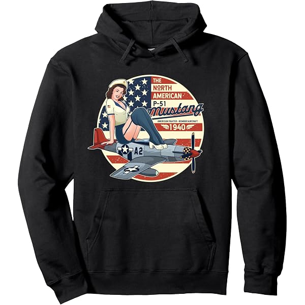 Sweat à Capuche P51 Mustang Pinup WWII - Hommage à L'avion De Chasse Et Aux Pin-up - Coupe Classique, 241 G - Pour Hommes, Fans D'aviation - 3