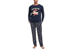 Jahetuul Pijama Hombre Invierno de Algodón con Cuello Redondo Conjunto de Ropa para Dormir Pijama Largo Hombre con Estampado Pijamas y Ropa de Estar en Casa