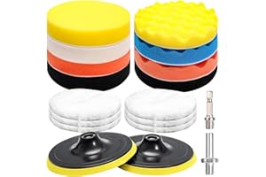 HUIFOO 18 Pezzi 150mm Pad Kit di Lucidatura Spugna,Kit Lucidatrici Auto,con Adattatore per Trapano e Cuscinetti per Ceretta in Lana,Set di Tamponi per Lucidatura per Auto,Lucidatrice e Ceretta