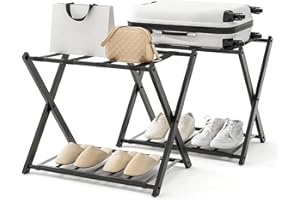 Giantex składany bagażnik, metalowy bagażnik, uchwyt na walizkę/bagaż z 2 poziomami i 4 paskami, do sypialni, hotelu, 68x43x58CM, czarny (2 szt.)