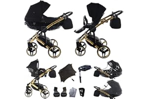 Junama Diamond S-Line V3 2in1 3in1 4in1 Baby Pram Pushchair Car Seat ISOFIX - FREE UMBRELLA Exclusive Prams (4in1 (with car seat & ISOFIX base), Black-Gold 02)