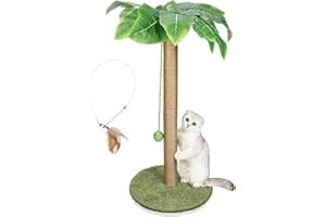 HEVOL Griffoir pour Chat, Arbre à Chat en Corde de Sisal Natual avec Balles Suspendues Interactives 85 cm, Griffoir Chats dans la Maison, 1 Bâton de Plumes de Chats, Ronde Base/Verte