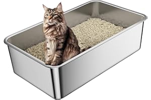 Barhon Stainless Steel Cat Litter Tray Extra Large 60 x 40 x 15 CM, Steel Cat Litter Box for Big Cat with High Side, Metal Litter Tray Non-Sticky, Easy to Clean, No Odor Left