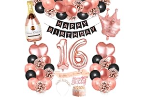 Bluelves 16. Geburtstag Dekorationen Mädchen, Rosegold Schwarz Deko zum 16 Geburtstag, 16 er geburtstag Happy Birthday Banner Girlande Konfetti luftballon,Geburtstagsdeko für mädchen