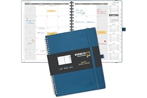 POPRUN Agenda Mensuel 2024 2025 Spirale Scolaire - 18 Mois Planificateur Mensuel De Jan'24 à Juin'25 avec Couverture Souple en PU Cuir, Papier 100 g/m² - 26,5 x 21,5 cm, Bleu nuit