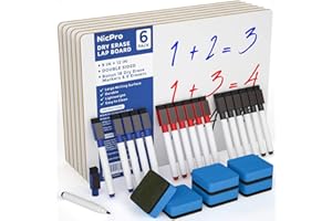 Nicpro 6 Pack Dry Erase Mini Whiteboard A4, 22 x 30 cm Double Sided Lapboard Bulk with 18 Water-Based Pens Erasers Learning Small White Board Portable Drawing Writing for Kid Student and Classroom Use