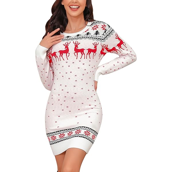 Vestito Di Natale Donna In Maglia Invernale Con Renne E Fiocchi Di Neve – Abito Bodycon Manica Lunga, Slim Fit, Taglie S-XXL