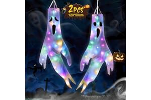 Wzone 120cm Large Halloween Ghost Windsocks with LED Lights, 2 Pack Hanging Ghost Cute Horror Halloween Decoration Garden, Flying Ghost Flag Wind Socks for Indoor Outdoor Horror Theme Party