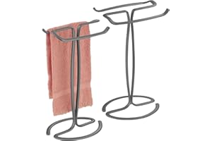 mDesign Standing Towel Rack – 2-Sided Small Towel Stand for Handtowels and Facecloths – Bathroom Towel Rack for Storing and Drying Towels – Set of 2 – Graphite Grey