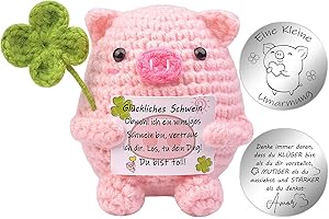Mwmoeen Pocket Hug Gestricktes Glücksschweinchen, Glücksbringer Prüfung, Kreative Strickwolle Minischwein mit Vierblättriges Kleeblatt, Mutmacher Geschenk, Gute Besserung Geschenk