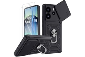 COPIKE Funda Armor para Xiaomi Redmi Note 14 4G (Non para 5G) con 2 Piezas Cristal Templado, Carcasa Cubierta de Cámara Deslizante Proteger con Soporte Giratorio de Anillo y TPU Antigolpes, Negro