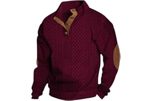 PADOLA Sweat Homme sans Capuche Jacquard Sweatshirts Col à Bouton Pull à Motif Froncé Automne Hiver Hoodie avec Patchés Tricoté Pulls Décontracté Tee Shirt Manches Longues