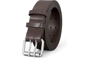 LEACOOLKEY Men Leather Belts Double Prong Belts For Jeans,Double Grommet Belt 2 Holes Leather Trouser Belts 1.5 Inch Wide Belt For Jeans,Casual & Business Work