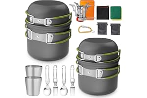 AUTOPkio Kit de Utensilios de Cocina Camping, 18 PCS Juego de Utensilios de Cocina con Sartén y Ollas, Estufa, Plegable Cubiertos, Taza para Viaje, Excursión, Senderismo, BBQ, Picnic