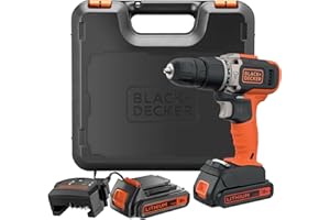 BLACK+DECKER Taladro percutor inalámbrico de 18V y 2 velocidades con dos baterías de 1,5Ah y cargador de 400mA, par de 45Nm, luz de trabajo LED y maletín, BCD003C2K-QW