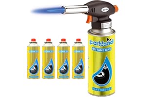 Top Home Solutions® Blow Torch With Auto Ignition - Refillable Butane Gas Flamethrower for Camping, Cooking, Kitchen & BBQ (Torch + 4 Gas)