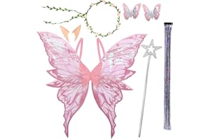 HarnyLoom Feenflügel Erwachsene Kinder Kostüm Feen Flügel Damen Mädchen mit Elfenöhren Blumenkranz Haarnadel Haarsträhnen Engel Flügel für Halloween Karneval Cosplay (Rosa)