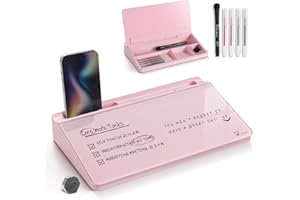 TOWON Small Glass Desktop Whiteboard with Storage – 30 x 17 cm Dry Erase Board for Desk, Home Office, School | Includes 5 Markers, Eraser & Holder | Space-Saving Organizer, Aesthetic Pink Design