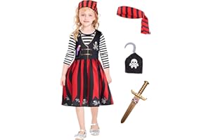 IKALI Girls Pirate Dress Up Set, Kids Captain Costume for Halloween, School Pretend Play 3-10Y