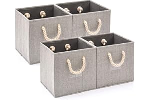EZOWARE [Set of 4 Foldable Fabric Storage Cube Bins with Cotton Rope Handle, Collapsible Resistant Basket Box Organizer for Shelves Closet Toys and More – Gray 30x30x30cm