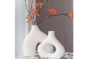 ETHLOMOER White Ceramic Vase Set of 2 for Modern Room Decor,Round Matte Donut Vases for Pampas Grass,Neutral Boho Decor,Nordic Minimalism Style Flower Vases, Bedroom Decor Living Room Accessories Dinner Table